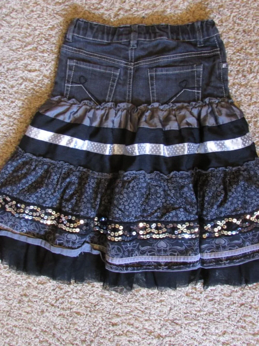 The Children's Place 6X 7 Black Denim Ribbon Sequin Layered Bottom Boho Skirt